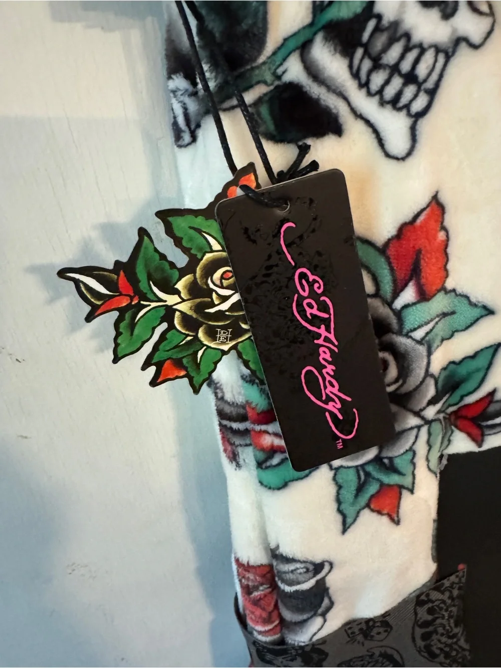Ed Hardy White Floral and Skull Printed Plush Oversized Throw